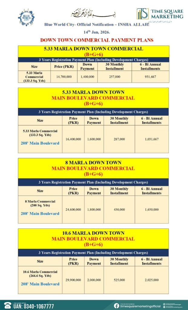 Blue World City Downtown Commercial Plots Payment Plan